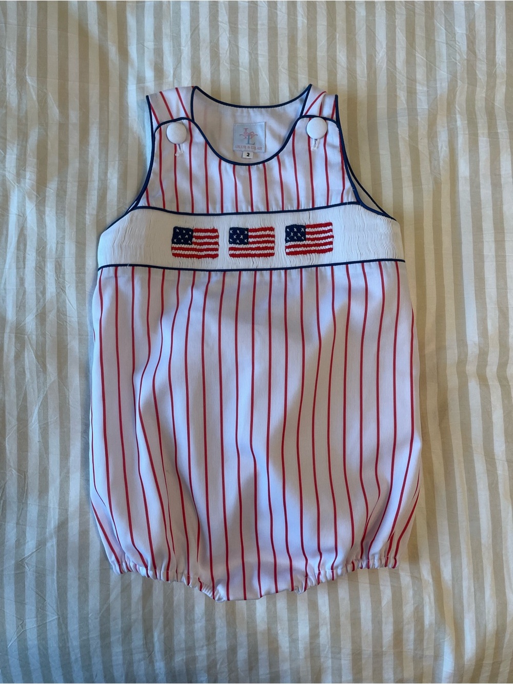 Lille and Lilah White Baby Bubble with Red Pinstripes and Flag Smocking